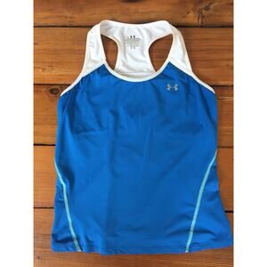 Under Armour Polyester White Blue Racerback Tennis Tank Top Built In Bra M 29"